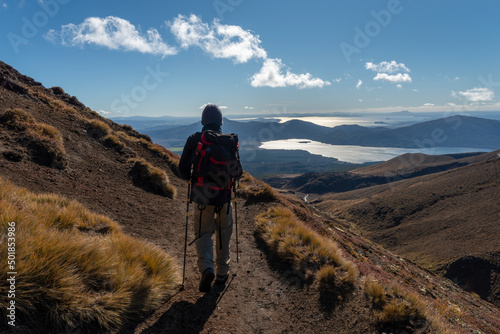 Fototapeta Naklejka Na Ścianę i Meble -  Hiking northern slope of Tongariro Alpine Crossing, Lake Rotoaira and Lake Taupo in the distance.