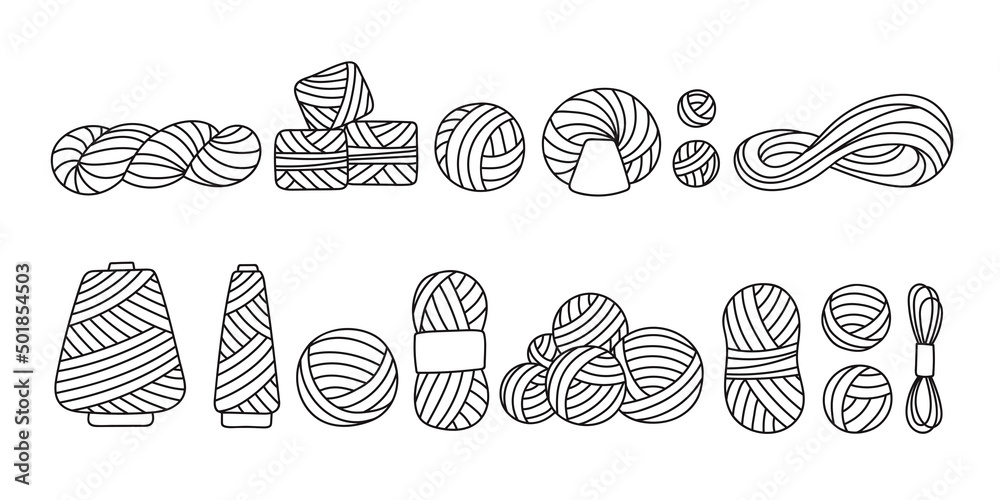 Large set of yarn for crocheting, knitting needles in doodle. Skein, ball, bobbin. Isolated vector illustration in sketch hand drawn style