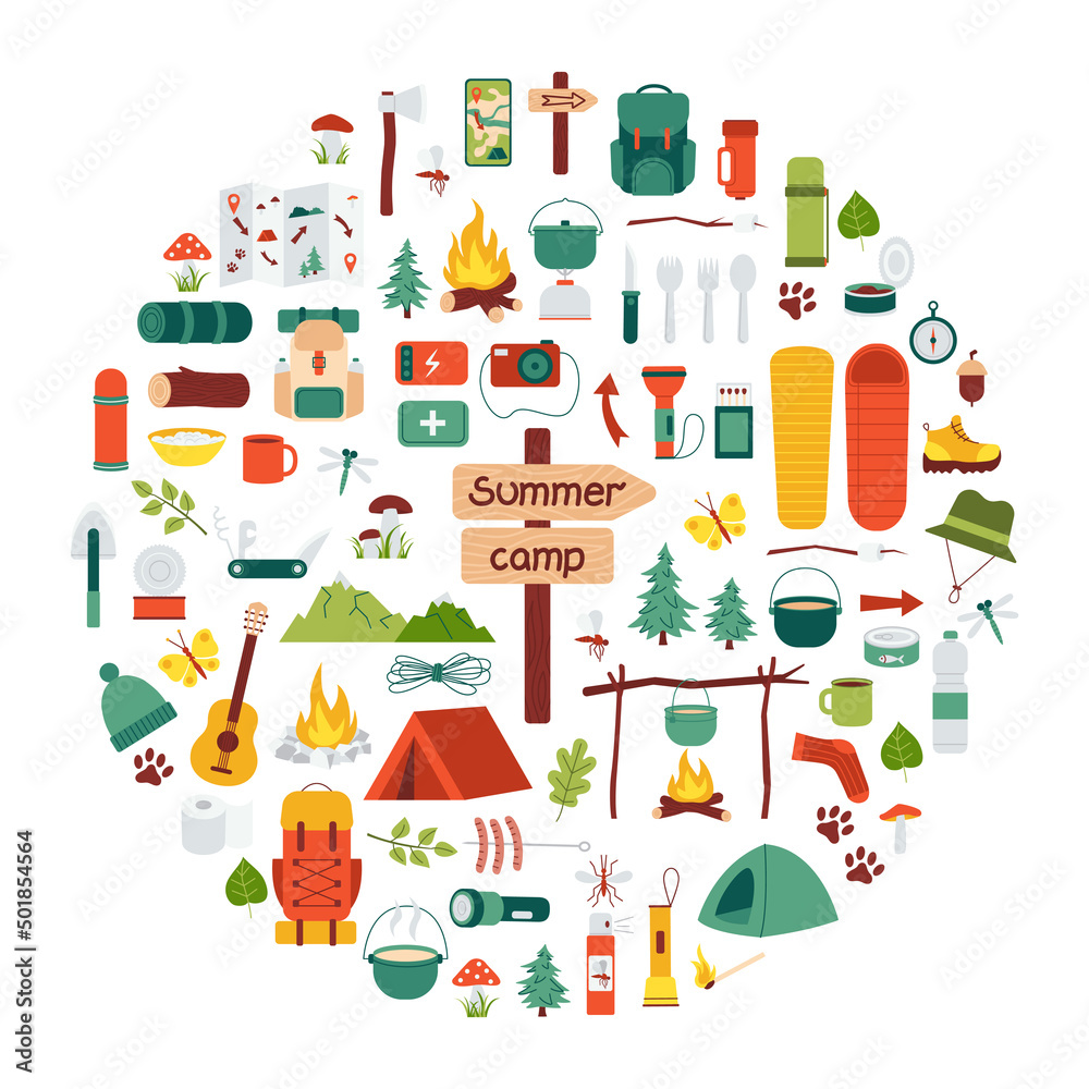 Hiking equipment in a round composition. Set of items for camping. Travel supplies icons for outdoor base camp. Backpack, campfire, tent, pointers, bowler hat. Isolated flat vector illustration - obrazy, fototapety, plakaty 