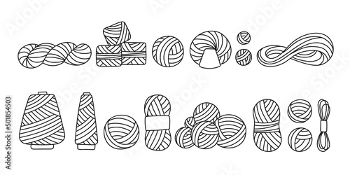 Large set of yarn for crocheting, knitting needles in doodle. Skein, ball, bobbin. Isolated vector illustration in sketch hand drawn style