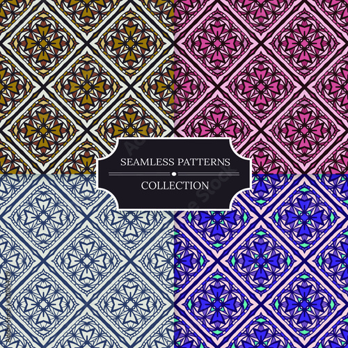 Collection of seamless patterns with decor tile, mosaic ornament. Set of vector illustrations for posters, cards, prints, stickers, fabric, textile, gift paper, scrapbooking.