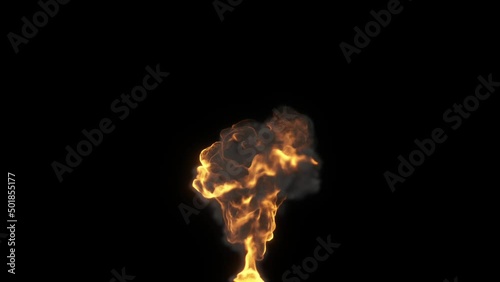 A cloud of fire, swirling, rises up and turns into black smoke, which very slowly dissolves against a black background. Fire eruption.