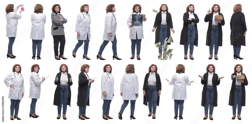 collage of a woman in full growth displaying many professions