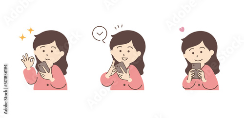 スマホを持つ女性のシンプルなイラストセット_B03【ロングヘア】