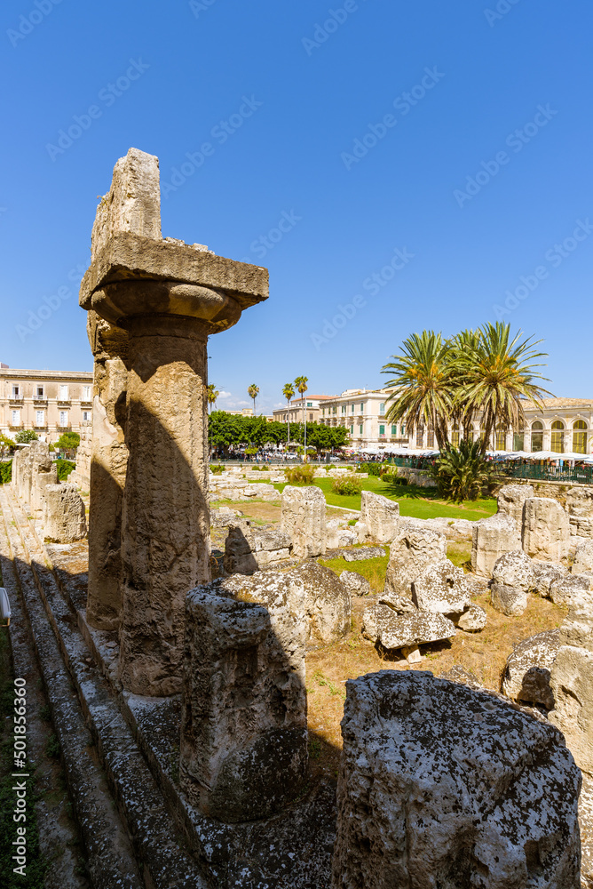 View of the Temple of Apollo, an ancient Greek monument in the center of the island of Ortigia, Syracuse.