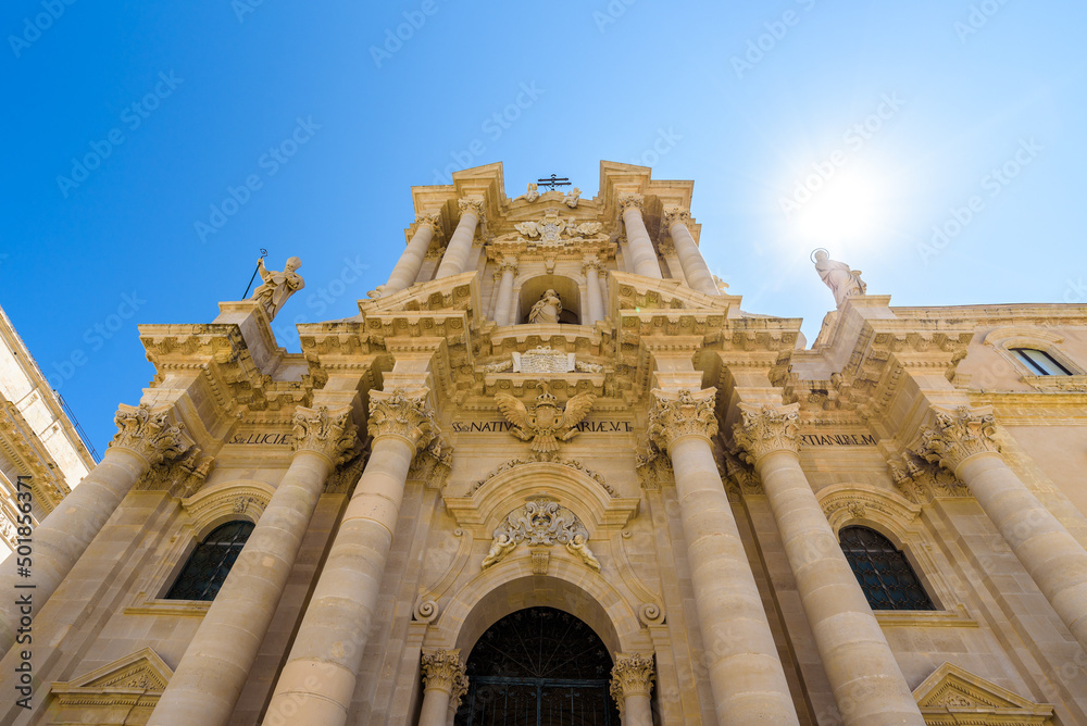The entrance and portal of the baroque cathedral of Syracuse, Sicily.