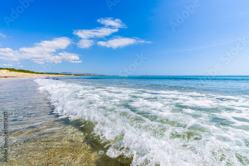 Beautiful crystal clear water at Cittadella dei Maccari, San Lorenzo, Nature Reserve Oasis of Vendicari, Syracuse, Sicily, Italy, Dreamy and idyllic spring holiday destination near Noto and Marzamemi.
