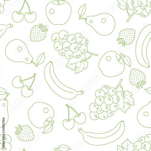 Outline fruits and berry background. Vector seamless pattern with food icons.