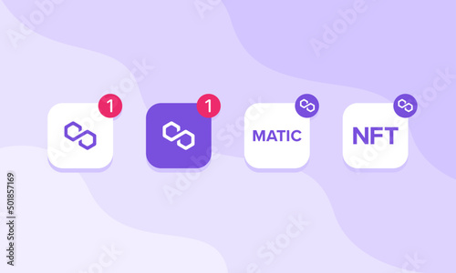 Vector collection of Polygon NFT  icons. MATIC non fungible token design elements for marketplace and crypto exchange. Set of mobile app designs with notification badges, crypto currency assets.