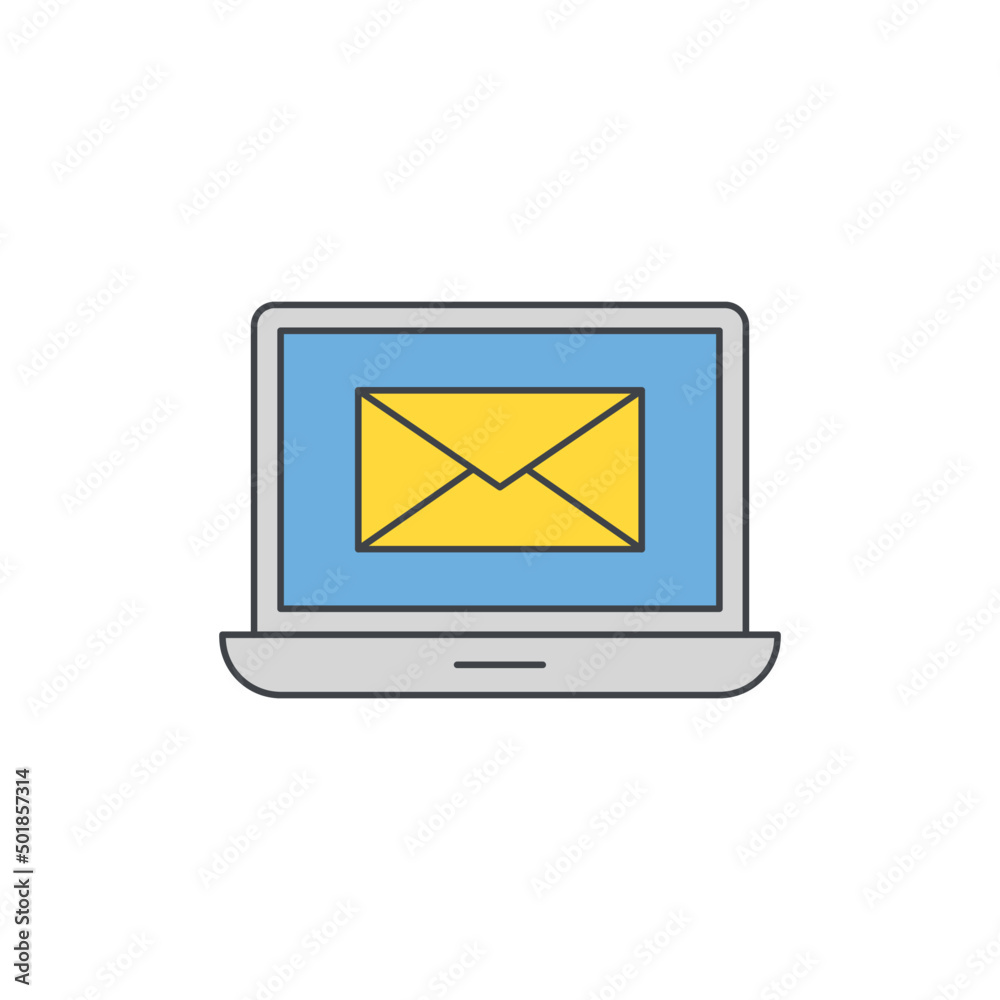 laptop with mail icon, message on the desktop, notification marketing, information in the pc mailbox, alert email symbol on white background laptop with mail icon, message on the desktop, notification marketing, information in the pc mailbox, alert email symbol on white background