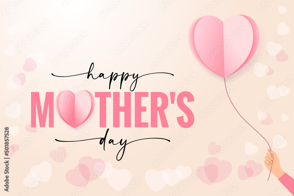 Happy Mothers day hand with flying origami paper heart. Vector illustration