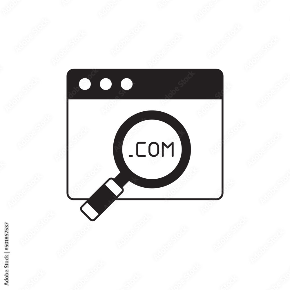 Search domain, domain on magnifier icon in black flat glyph, filled style isolated on white background Search domain, domain on magnifier icon in black flat glyph, filled style isolated on white background