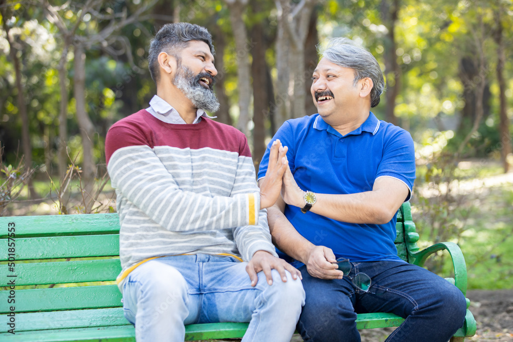 Fototapeta premium Two happy indian Mature senior men having fun at park outdoor, Asian friends enjoy life, retirement and life insurance concept.