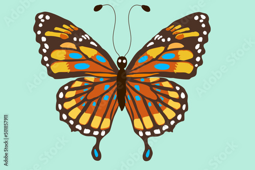 Beautiful tropical butterfly with colorful wings. On a light green background, top view. Illustration. © seesulaijular