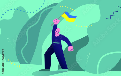 Vector image, a man with the flag of Ukraine, defends his rights and freedom.