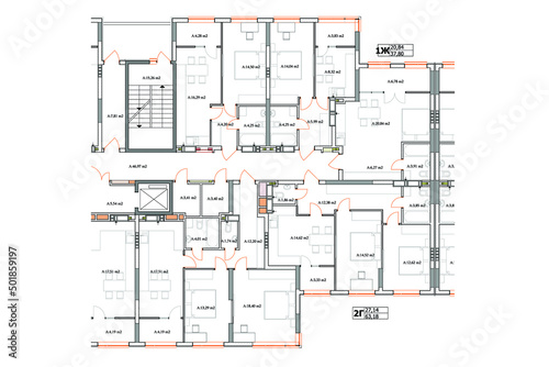 Apartment building detailed architectural technical drawing, vector blueprint floor layout