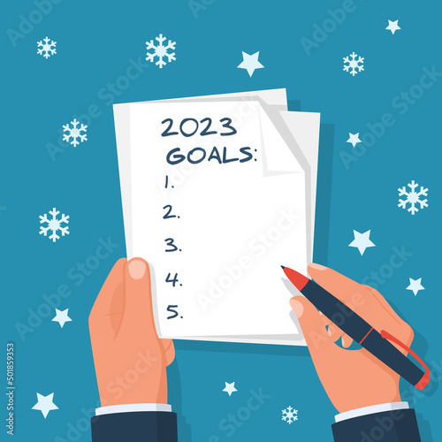 2023 new year goal. Man holds a sheet in hand with a plan for next year. Business motivation with text plan action in notepad. Vector flat design. Isolated on background white stars and snowflakes.