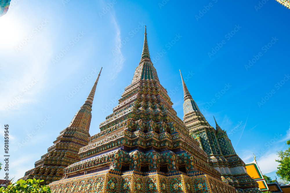 Wat Pho temple of budhist with beautiful art of pagoda locate in Bangkok city