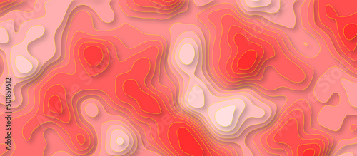 Papercut geometric topography pattern on red 3D multi layer white background with geometric pink red liquid gradient. Red wave for artwork background. Papercut geometric topography poster or paper cut