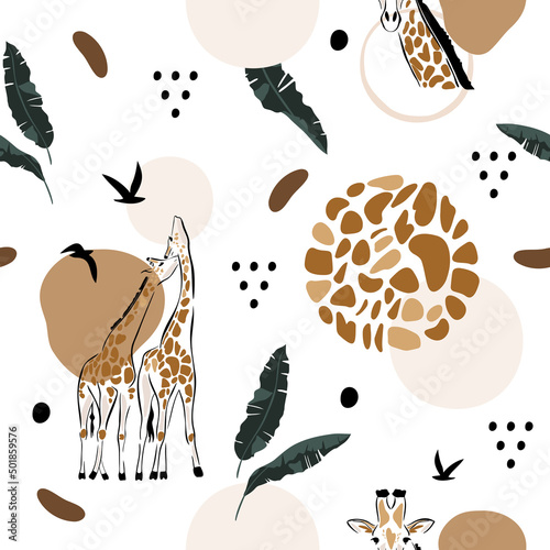 Seamless pattern abstract giraffes and banana leaves. Modern style. Vector, illustration.