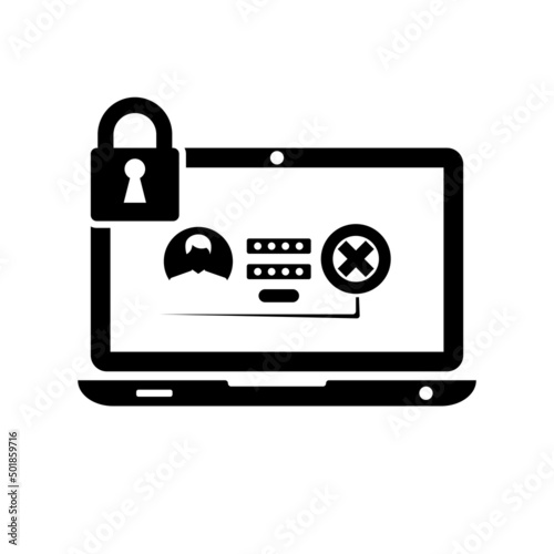Account blocking. Loss of access. Black computer icon with a locked account. Personal data under the threat. Vector illustration flat design. Isolated on white background.