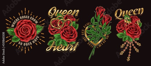 Set of vintage labels with red roses, golden dollar sign, chains with rhinestones, text, quotes. Bright vector illustration on dark background. T-shirt design.