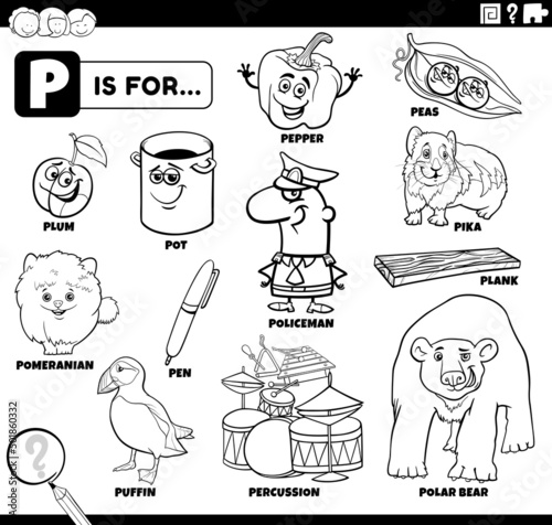 letter p words educational set coloring book page