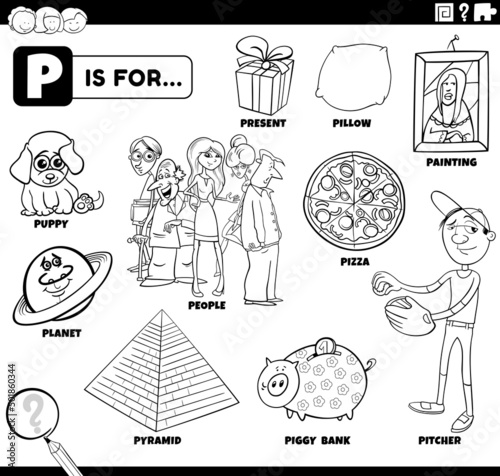 letter p words educational set coloring book page