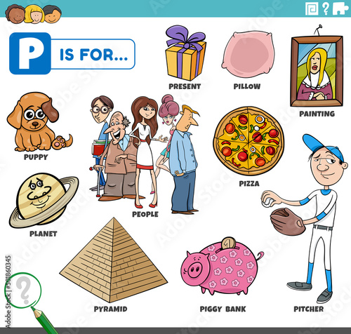 letter p words educational set with cartoon characters
