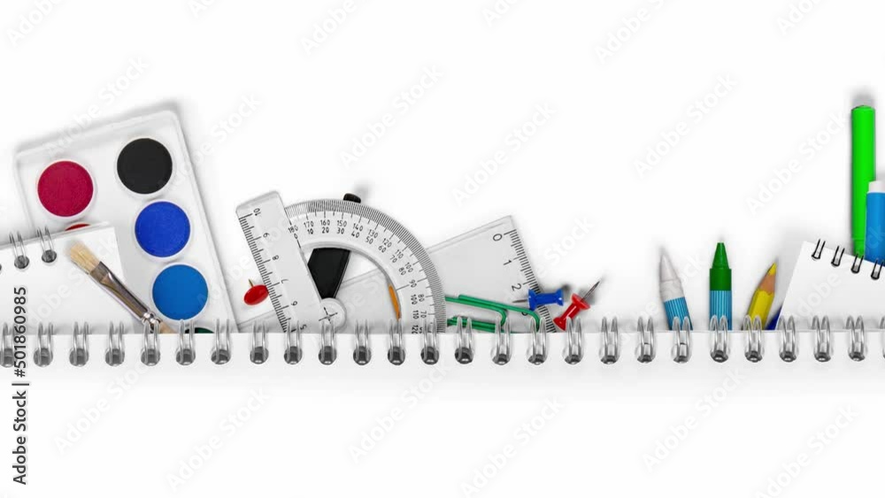 Colorful school supplies being moved underneath the blank notepad. School and Education background with white space. High quality 4k video. Colorful school supplies being moved underneath the blank notepad. School and Education background with white space. High quality 4k video.