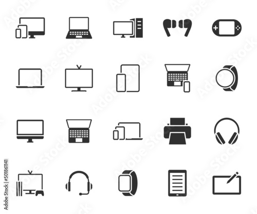 Vector set of device flat icons. Contains icons laptop, computer, headphones, smart watch, e-book, printer, tv, graphic tablet and more. Pixel perfect.
