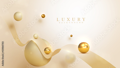 Luxury background with gold ribbon element and 3d ball decoration with blur effect and glitter light with bokeh.