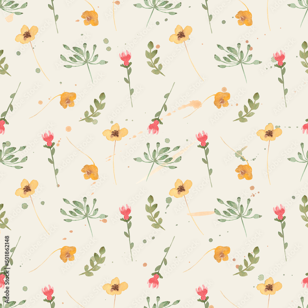 watercolor wildflowers seamless pattern, meadow floral repeat paper, vintage fiels herbs print, textile printing.