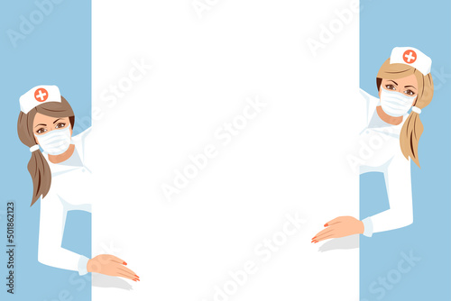 Doctor in protective medical mask, showing blank signboard. Poster for advertising hygiene products or instructions for medical prevention. Template your design, information. Vector flat design.