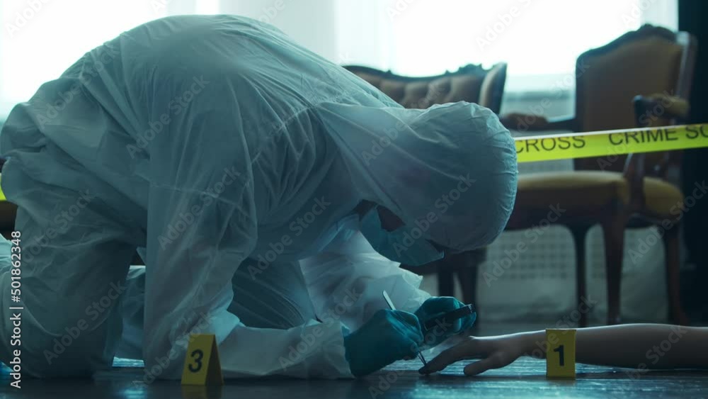 Detective Collecting Evidence in a Crime Scene. Forensic Specialists Making Expertise at Home of a Dead Person. Homicide Investigation by Police Officer. Detective Collecting Evidence in a Crime Scene. Forensic Specialists Making Expertise at Home of a Dead Person. Homicide Investigation by Police Officer.