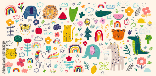 Ręcznie rysowany projekt dziecka dla kart plakatów tekstylnych Wzór małych zwierzątek Projekt dziecka z tkaniny Ilustracja wektorowa z uroczymi zwierzętami N