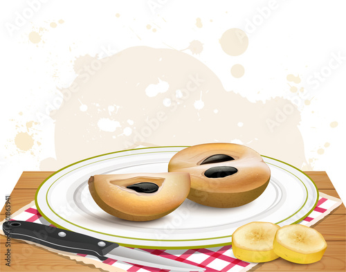 Sapodilla Fruit Slices and half piece vector illustration