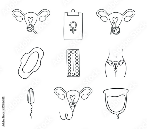 Gynecology thin line icons set. Ultrasound, check up, artificial fertilization, gynecological surgery, birth control pills, menstruation: menstrual cup, tampon, pad, intrauterine device.