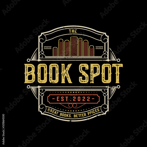Book Spot logo design template. Vintage Book Spot logo, emblem design concept.