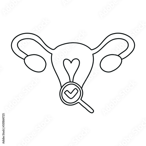 Gynecology check up. Medical exam. Uterine and ovaries under magnifier with tick. Examination of the cervix.