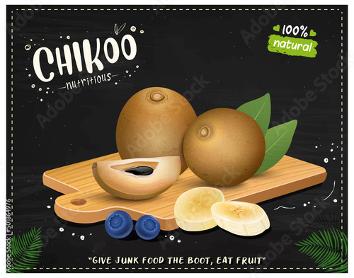 Sapodilla vector illustration with a wooden chopping board on a black background