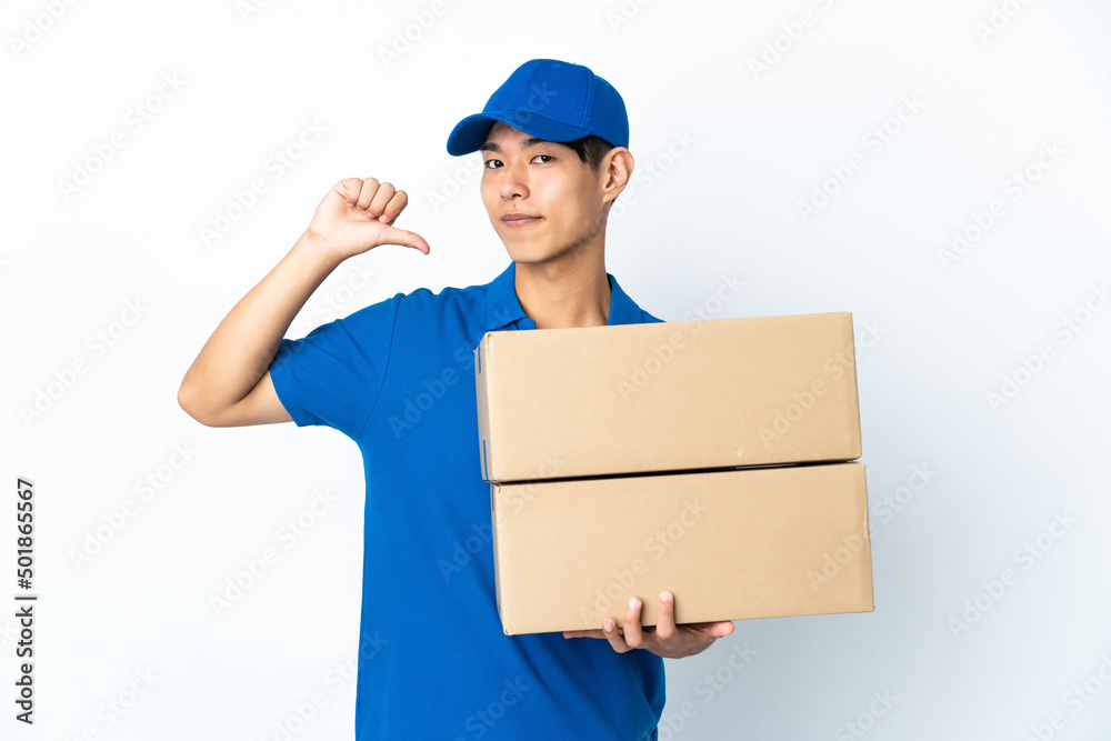 Delivery Chinese man isolated on white background proud and self-satisfied Delivery Chinese man isolated on white background proud and self-satisfied