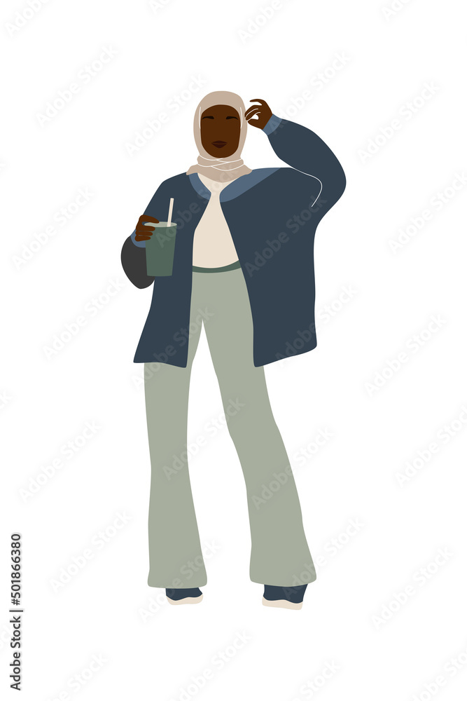 Muslim black woman in fashion outfit and hijab. Trendy abstract faceless muslim girl standing with a glass of green smoothie. Modern flat vector illustration isolated on white background. Muslim black woman in fashion outfit and hijab. Trendy abstract faceless muslim girl standing with a glass of green smoothie. Modern flat vector illustration isolated on white background.