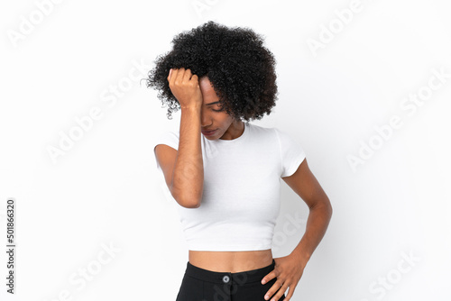 Young African American woman isolated on white background with headache