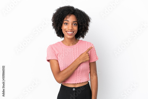 Young African American woman isolated on white background pointing to the side to present a product