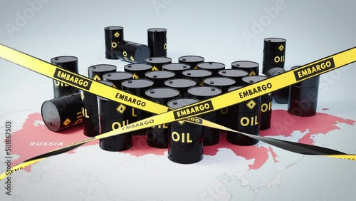 A concept shot of many black barrels with oil sign on it on a russian map with embargo ribbons in the foreground.