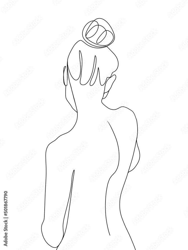 A woman's nude back and tied hair is drawn in one line art style. Printable art. A woman's nude back and tied hair is drawn in one line art style. Printable art.