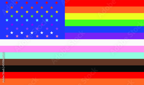 USA America LGBTQ plus flag banner vector illustration background. Typography with L Lesbian flag, G Gay Pride flag colors. B Bisexual flag. T Transgender community pride. Q Queer. Gay parade symbol.
