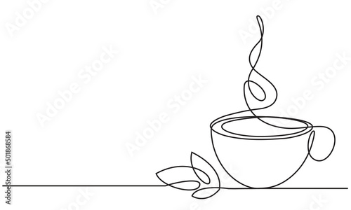Cup of tea and leaf of tea. Mint tea. Green tea. Vector sketch. Continuous line drawing. Hot drink aroma. Medical anti-virus drink