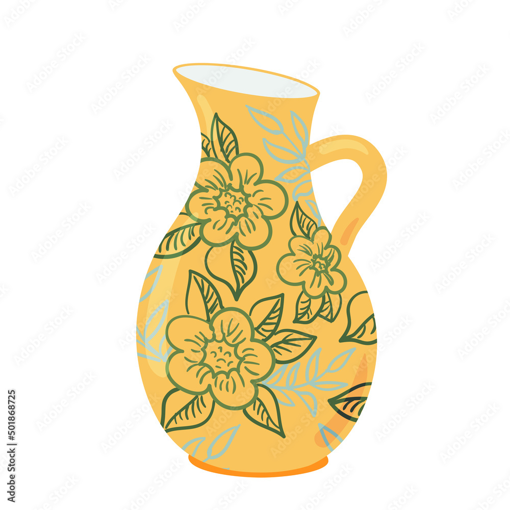 Cute ceramic milk jug design element flat cartoon illustration. Capacity for drink. Colored tableware hand drawn vector design. Kitchen trendy crockery for hot drink isolated on white background